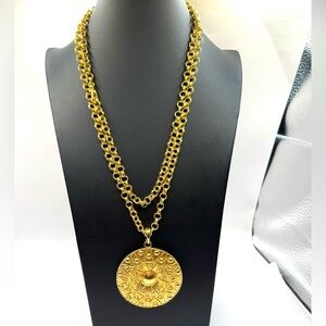Gold Double Chain Necklace with Textured Sun Pendant Oversized